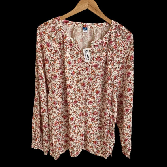 NWT old navy size XL Loose Fit Button Up Floral Blouse Shirt rayon new pink - Picture 5 of 9